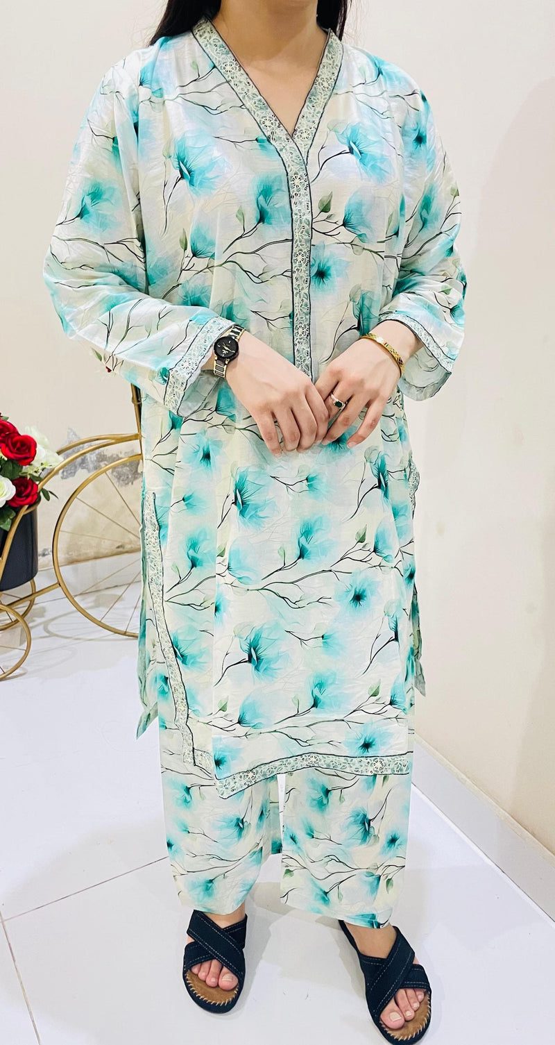 2pc Printed Suit with Embroidered Border